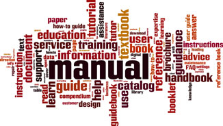 Manuals, Guides, Handbook, PBXBook, Advice, Tutorial, Instruction, How-To word cloud.