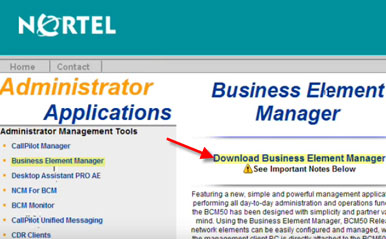 Nortel BCM50 Business Element manager download location.