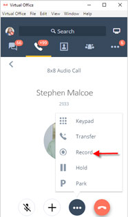 8x8 Virtual Office app showing recording turned on.
