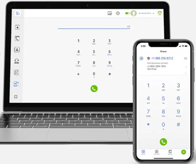 MightyCall user interface for PC, Mac, Android, and iOS.
