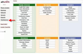 Allworx GUI software main menu showing Maintenance.