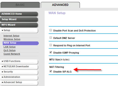 Disable SIP ALG Netwgear WAN setup.