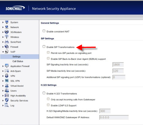 Screenshot of Sonicwall SIP Transformations.